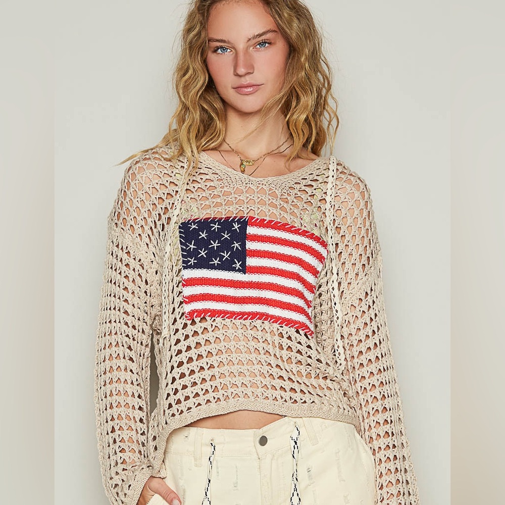 Anthropologie Beige Knit Top with American Flag